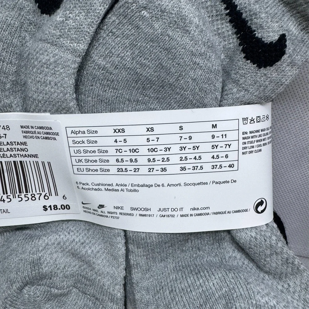 Nike Everyday Cushioned Ankle Socks 6 Pack Black White Grey Kids XS 10C-3Y NEW